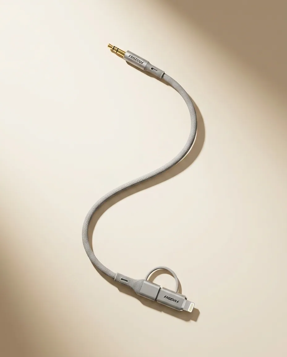 Two-in-one Lightning and USB-C audio cable arranged with a linen runner and notebook.