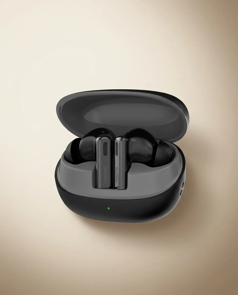 BUDS4 ANC earbuds case open on linen with a leather notebook nearby.