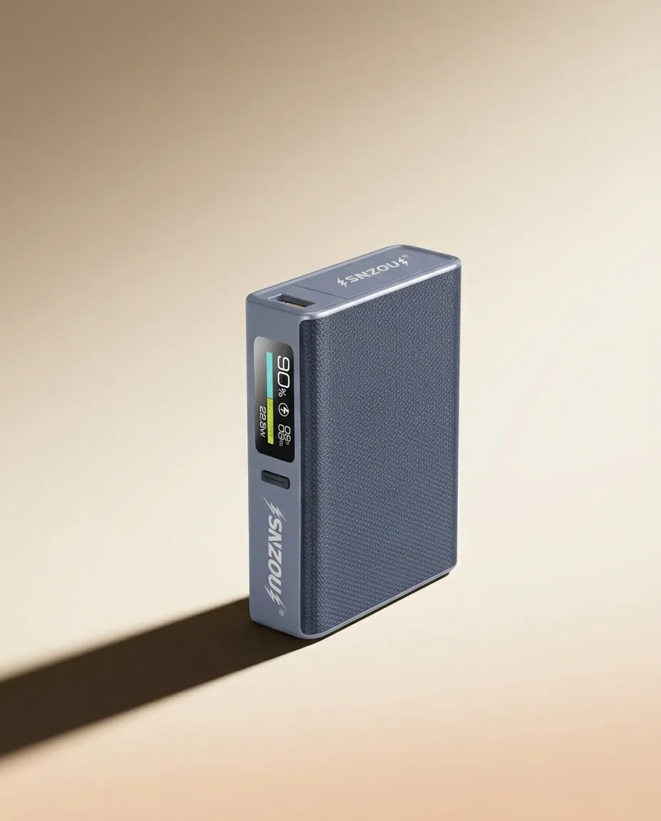 Compact 10,000mAh power bank resting on folded linen beside a leather notebook.