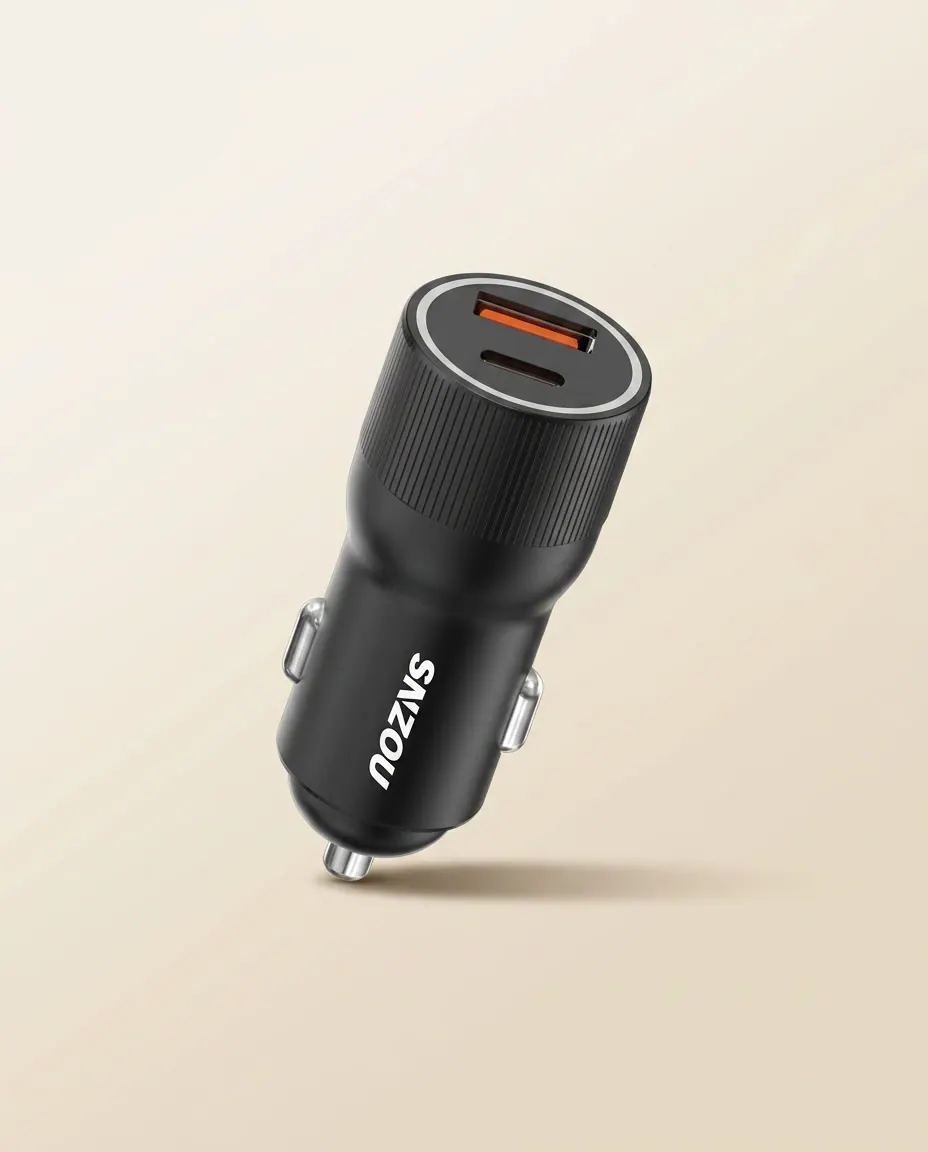 Car Charger 45W Dual-Port (SN-336) — USB-C plus USB-A. Super-fast dual charging on the move.